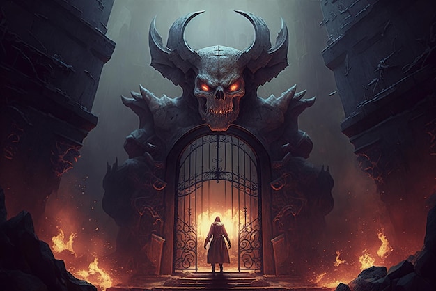 Ilustração de um homem caminhando em direção a um assustador portão do inferno