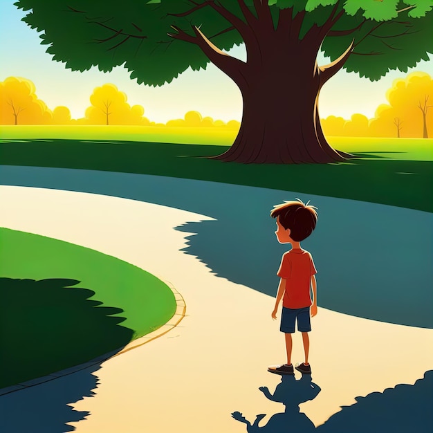 ilustração de um homem caminhando em um parque ilustração de Um menino caminhando na floresta