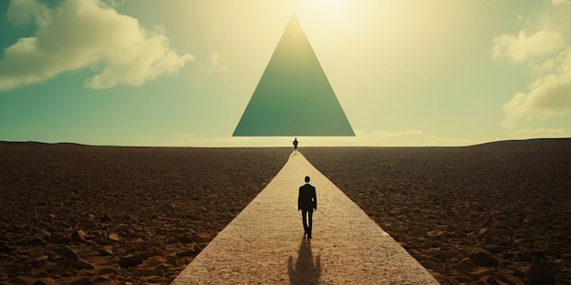 Ilustração de um homem caminhando no triângulo de Penrose conceito surrealista