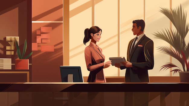 Ilustração de um homem de negócios e uma mulher falando no escritório