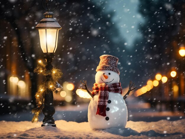 Foto ilustração de um homem de neve decorado com um chapéu de cenoura de lenço de pé na rua com queda de neve