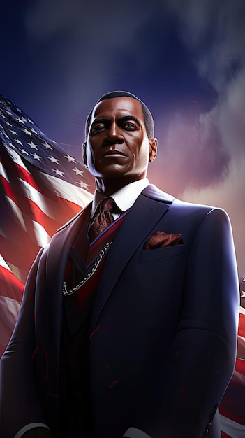 Ilustração de um homem de terno e gravata orgulhosamente em frente a uma bandeira americana