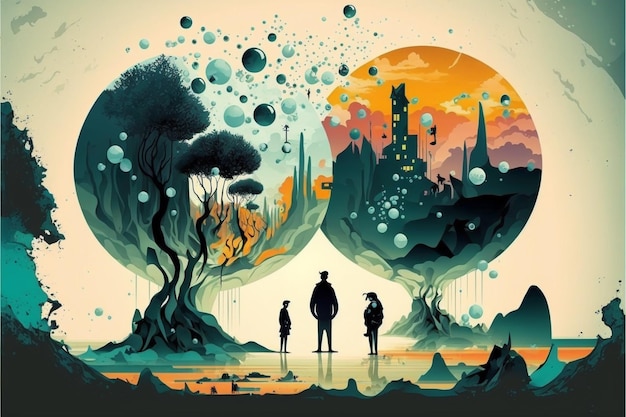 Ilustração de um homem e uma mulher em pé na frente de uma árvore gigante generativa ai