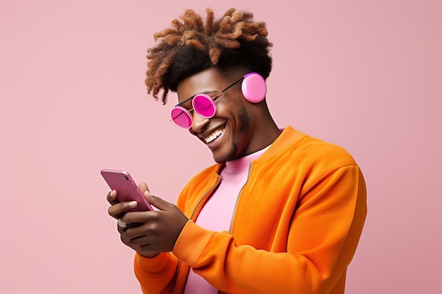 ilustração de um homem feliz com um smartphone e olhando para a câmera
