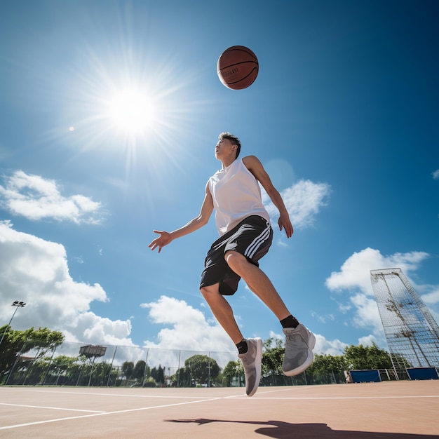 ilustração de um homem jogando basquete contra um céu azul foto