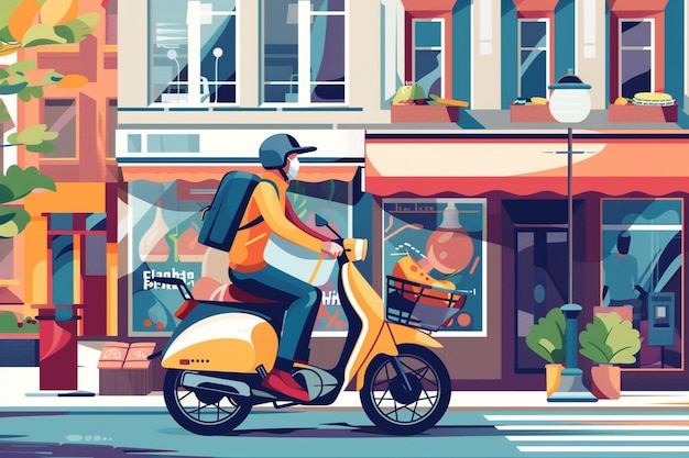 ilustração de um homem montando uma scooter em uma rua da cidade