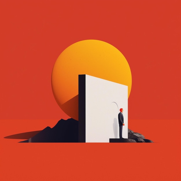 Foto ilustração de um homem parado em frente a uma porta com um sol ao fundo generativo ai