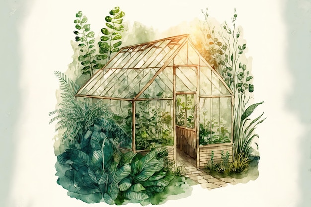 Ilustração de um jardim de estufa em aquarela Projeto para uma casa verde interior Casa de madeira nos trópicos