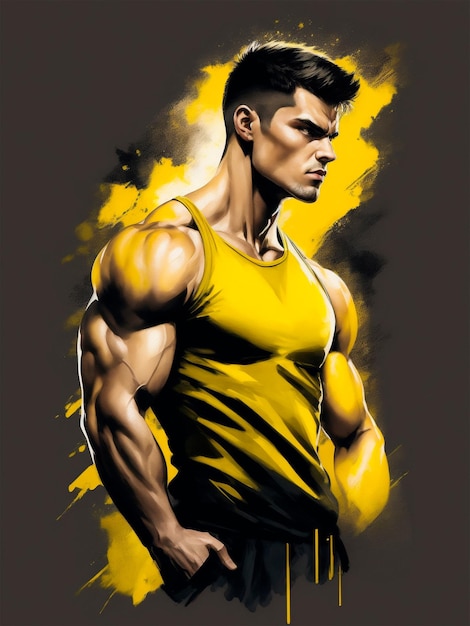 Ilustração de um jovem musculoso com efeito aquarela amarelo