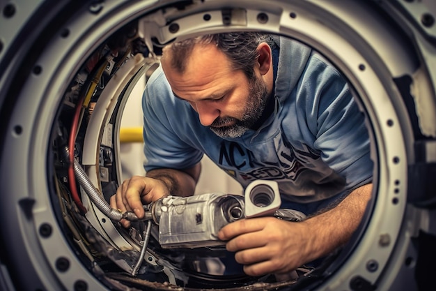 Foto ilustração de um jovem reparando uma máquina de lavar roupa