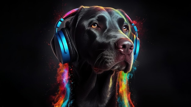 Ilustração de um labrador preto de cabeça de cachorro em fones de ouvido Música de leastening do cachorro IA geradora