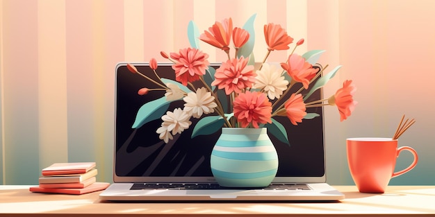 Ilustração de um laptop moderno em uma mesa elegante com um vaso decorativo com flores