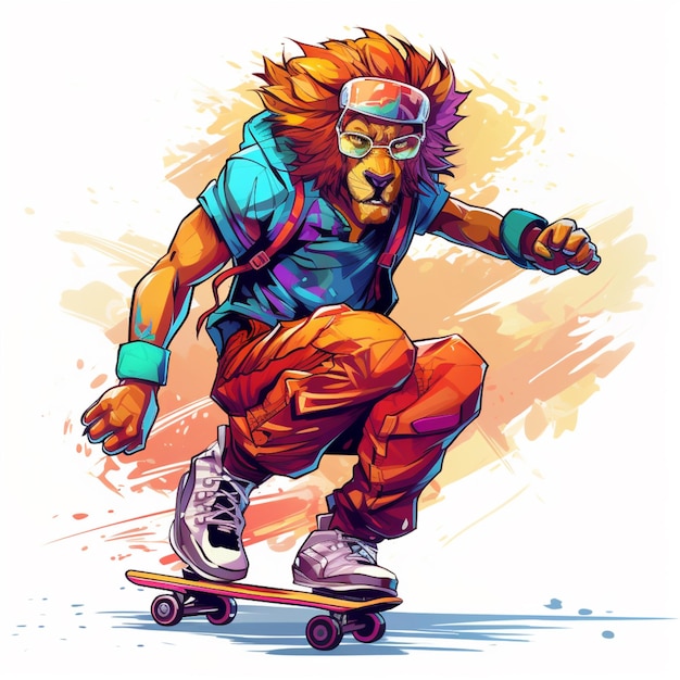 ilustração de um leão patinando com um capacete e óculos generativos ai