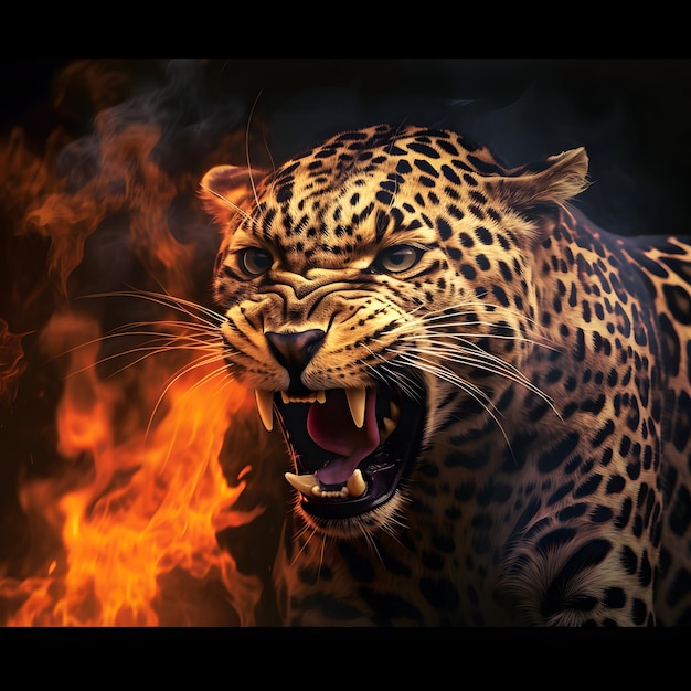 Foto ilustração de um leopardo rosto de perto com fogo em fundo escuro