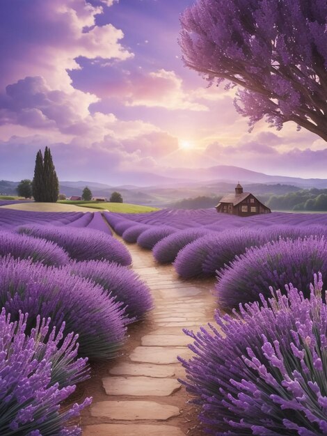 Ilustração de um lindo campo de lavanda no final do pôr do sol