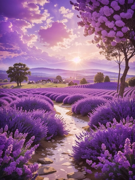 Ilustração de um lindo campo de lavanda no final do pôr do sol