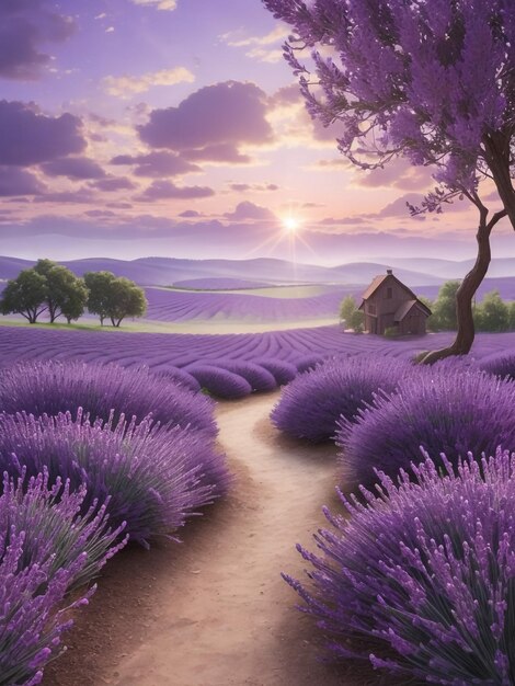 Ilustração de um lindo campo de lavanda no final do pôr do sol