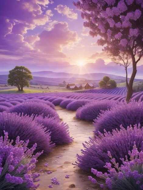 Ilustração de um lindo campo de lavanda no final do pôr do sol