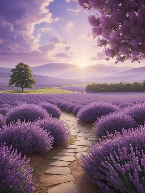 Ilustração de um lindo campo de lavanda no final do pôr do sol