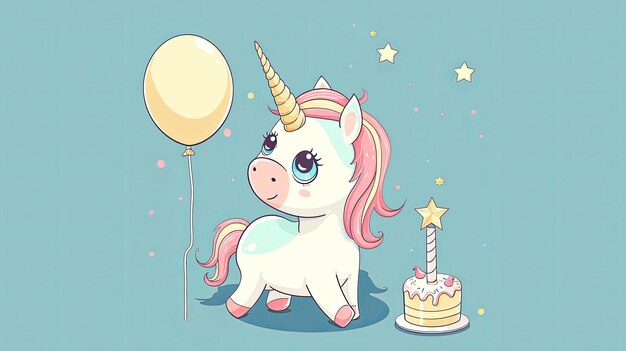 Ilustração de um lindo pequeno unicórnio com um balão e bolo Feliz aniversário cartão de convite