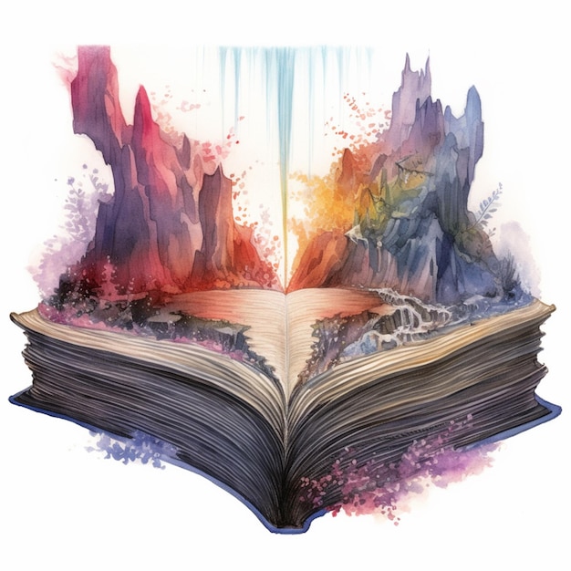 ilustração de um livro com uma cachoeira saindo dele ai generativa
