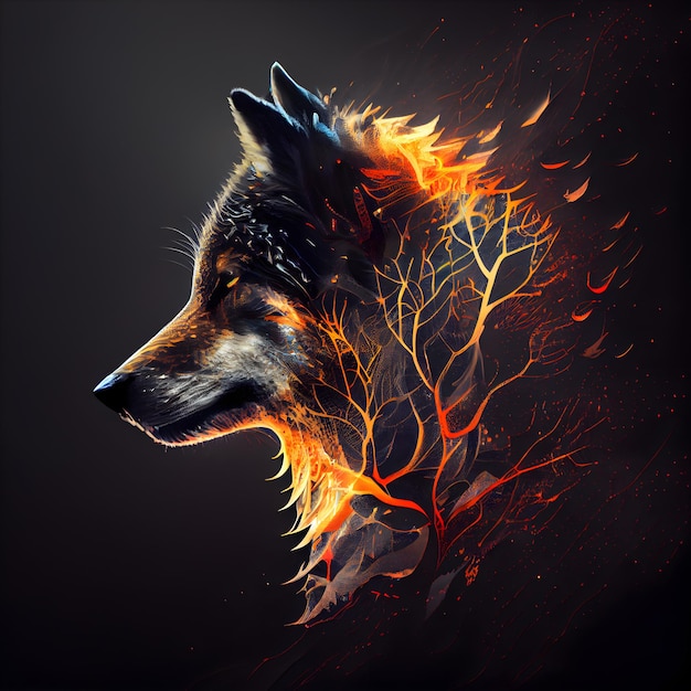 Ilustração de um lobo com efeito de fogo em um fundo preto