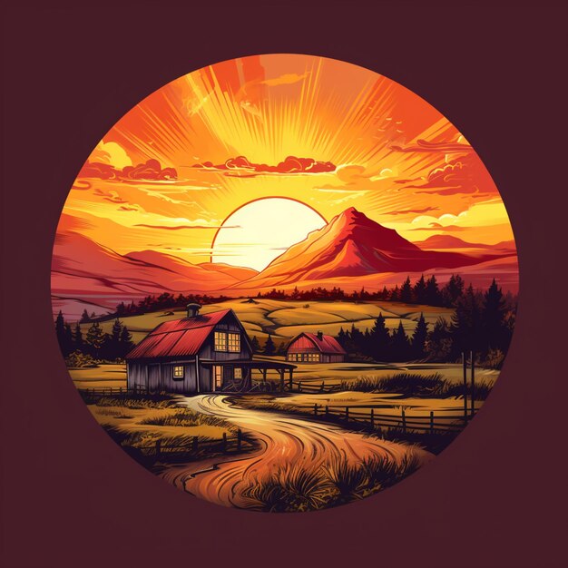 Foto ilustração de um logotipo de uma fazenda no pôr-do-sol
