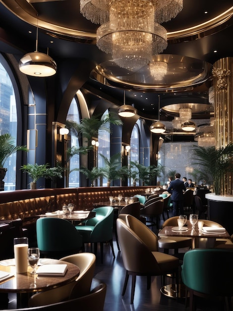 Ilustração de um lustre deslumbrante iluminando o interior de um restaurante lindamente projetado