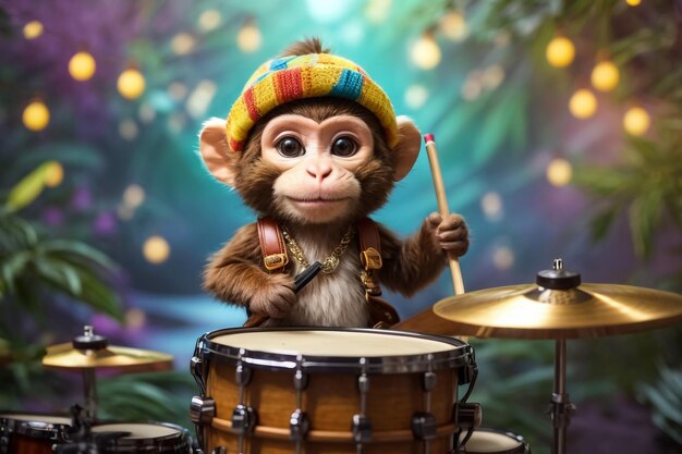 Foto ilustração de um macaco acima de um grande tambor em fundo branco