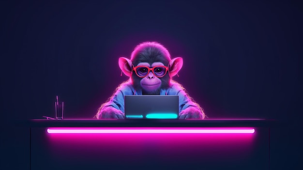 Ilustração de um macaco usando óculos trabalhando em um laptop