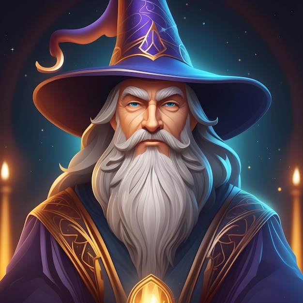 Ilustração de um mago fantasiado de mago com uma varinha mágica