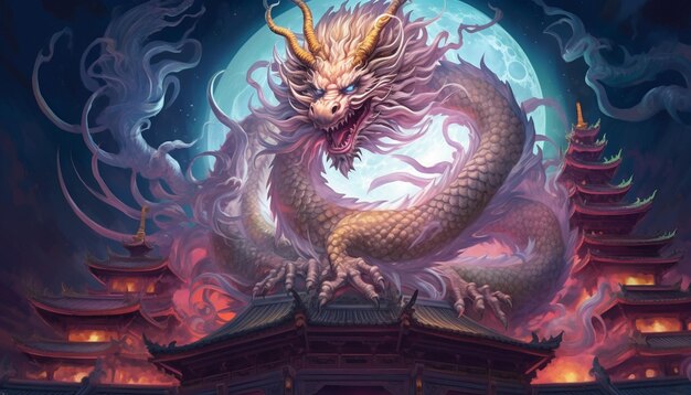 Ilustração de um majestoso dragão chinês enrolado em torno de um antigo templo