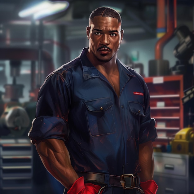 Ilustração de um mecânico afro-americano em uma oficina de automóveis