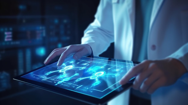 Ilustração de um médico tocando um tablet Conceito médico IA gerativa