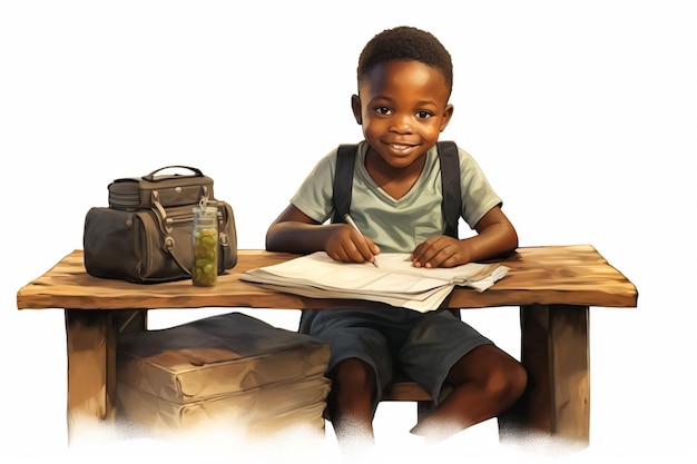 ilustração de um menino africano sentado em uma mesa de escola