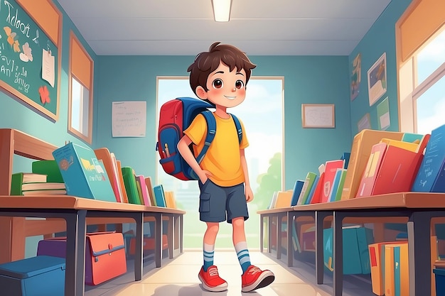 Ilustração de um menino bonito indo para a escola