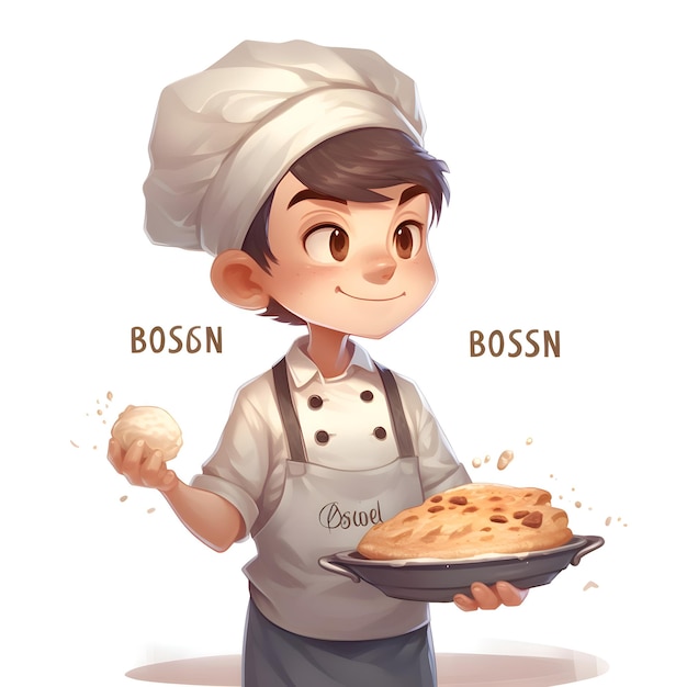 Ilustração de um menino com chapéu de chef segurando um prato de pão