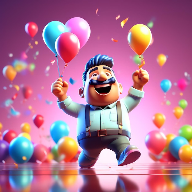 Ilustração de um menino de aniversário feliz correndo em balões de fundo Ilustrações de um aniversário feliz