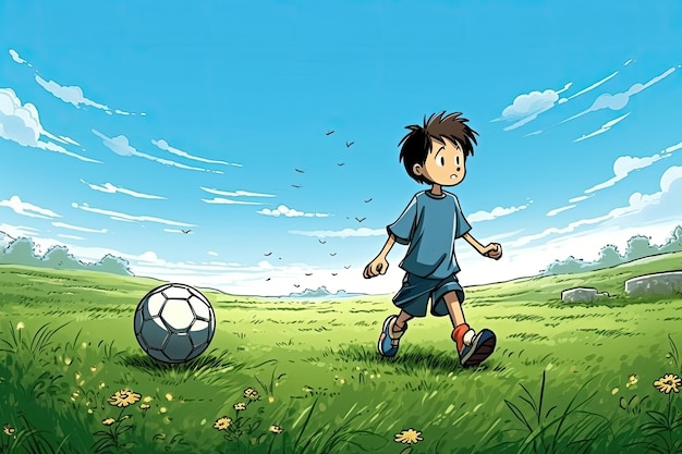 Ilustração de um menino jogando futebol no campo