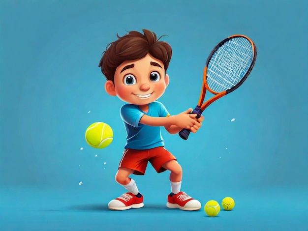 Ilustração de um menino jogando tênis em um fundo azul
