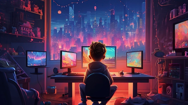 Ilustração de um menino jogando videogames na sala