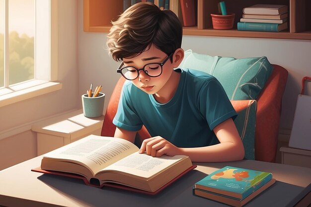 Foto ilustração de um menino lendo um livro