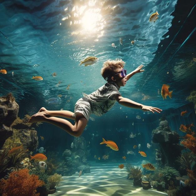 ilustração de um menino mergulhando debaixo d'água na piscina