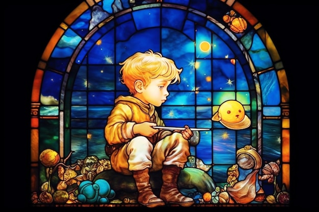 Ilustração de um menino viajante do espaço no estilo do vitral