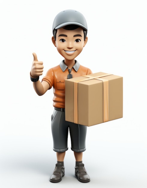 Ilustração de um mensageiro de entrega de pacotes usando boné e uniforme segurando uma caixa de pacote
