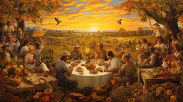 Ilustração de um menu feliz de Ação de Graças na mesa de jantar como conceito de festa Turquia assada com molho de cranberry e recheio Generative Ai