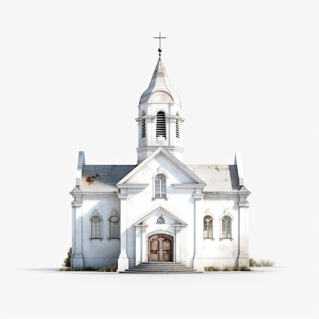 Ilustração de um modelo 3D de uma antiga igreja branca com detalhes pintados à mão em um fundo branco Generative AI