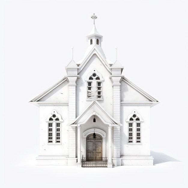 Ilustração de um modelo 3D de uma antiga igreja branca com detalhes pintados à mão em um fundo branco Generative AI