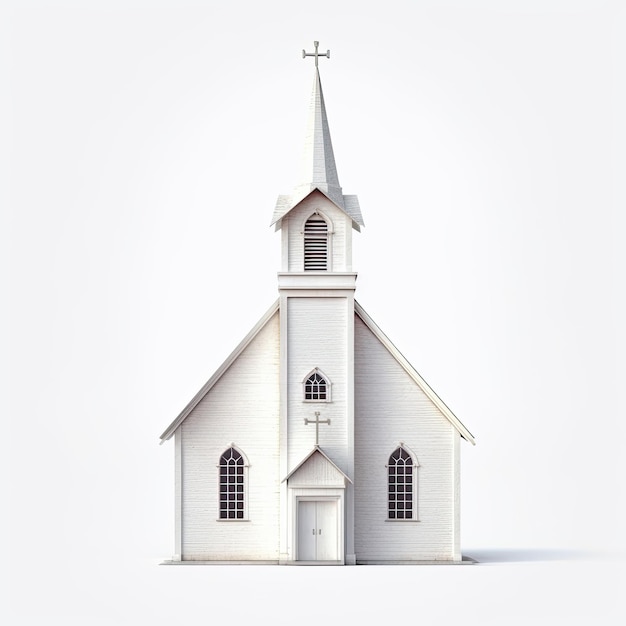 Ilustração de um modelo 3D de uma antiga igreja branca com detalhes pintados à mão em um fundo branco Generative AI