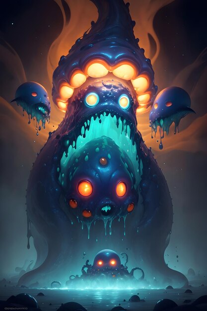 Foto ilustração de um monstro alienígena de lodo em um fundo de ilustração de papel de parede de caverna escura